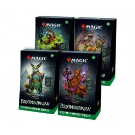 Release Date: 08/02/2024
Battle your friends in epic multiplayer battles with all 4 Bloomburrow Commander Decks—Animated Army, Family Matters, Peace Offering, and Squirreled Away. Each deck set includes 1 ready-to-play deck of 100 Magic cards (3 Traditional Foil cards, 97 nonfoil cards), a 2-card Collector Booster Sample Pack (contains 1 Traditional Foil or nonfoil alt-border card of rarity Rare or higher and 1 Traditional Foil Uncommon card), 10 double-sided tokens, 1 deck box (can hold 100 sleeved cards),