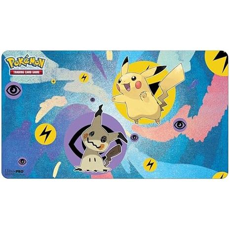 Playmats for Pokémon feature vibrant, full-color artwork of Pikachu & Mimikyu. Made with a soft fabric top to reduce damage to cards during play and a non-slip rubber backing to keep the playmat from shifting during use, playmats enhance the gameplay experience. With dimensions of approximately 24 in. x 13.5 in., a playmat also makes an excellent oversize mousepad for home or office.