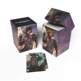 100+ Deck Boxes for Magic: The Gathering feature a vibrant, full-color artwork and includes a deck divider. Made with archival-safe, non-PVC, rigid polypropylene materials, you can store up to 100 double-sleeved cards with confidence. The self-locking lid keeps your cards securely stored when not in use, while also offering easy access. Sized for standard size trading cards.