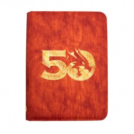 Officially licensed Book Folio for Dungeons & Dragons' 50th Anniversary with textured Gilded Red Leatherette material. Features Classic Dragon artwork illustrated by David A. Trampier. Includes 10 single-pocket pages for character sheets and notes, and six 9-pocket pages for standard size spell cards. Store maps and notes in the front pocket, and a D&D sourcebook in the back for easy access. Comes with a 50th D&D branded graph paper notepad, and features an elastic loop to store a pencil or marker