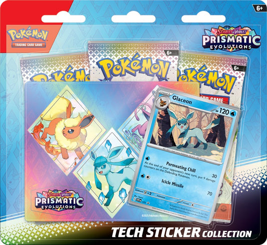 PRE-ORDER: Expected to ship in January 2025

Stick Together with Eevee Evolutions! Cute yet majestic, Eevee's three most recently discovered Evolutions should not be underestimated in battle! Join forces with Leafeon, Glaceon, or Sylveon as a foil promo card, then decorate your computer, tablet, or phone with durable tech stickers! You also get three booster packs from the special Scarlet & Violet- Prismatic Evolutions expansion, just waiting to be opened and added to your collection. The Pokemon TCG: Scarl