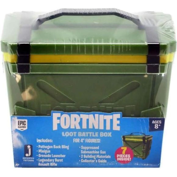 Fortnite Loot Chest! Bring the thrill of Battle Royale to life with this Fortnite Loot Box Collectible Chest. The treasure chest contains a variety of game-authentic loot, including weapons and building materials for 4" Figures!
Includes: Pathogen Back Bling, Minigun, Grenade Launcher, Legendary Burst Assault Rifle, Suppressed Submachine Gun, 2 Building Materials & Collector's Guide.