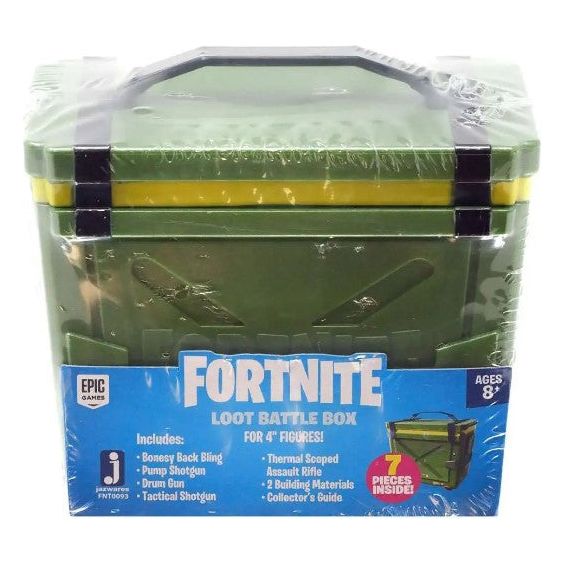 Fortnite Loot Chest! Bring the thrill of Battle Royale to life with this Fortnite Loot Box Collectible Chest. The treasure chest contains a variety of game-authentic loot, including weapons and building materials for 4" Figures!
Includes: Bonesy Back Bling, Pump Shotgun, Drum Gun, Tactical Shotgun, Thermal Scoped Assault Rifle, 2 Building Materials & Collector's Guide.