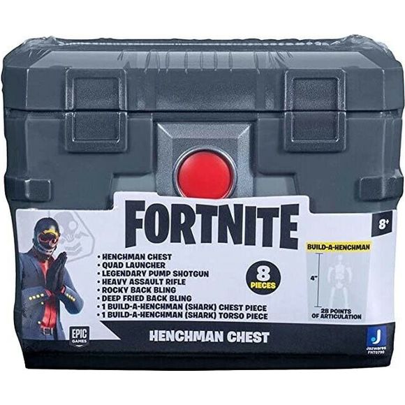 Bring the thrill of Battle Royale to life with the Henchman Chest Collectible Accessory Set Bundle. This 4-inch Fortnite collectible features incredible game-like details. Each Battle Royale accessory set is loaded with awesome collectible translucent weapons to add to your Fortnite locker. With Shark Henchman Build-A-Figure pieces, Rarity weapons, and Back Bling, this Fortnite Henchman Chest Accessory Set packs the perfect loadout for your 4-inch Fortnite action figures.