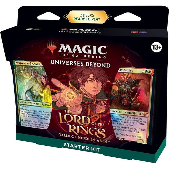 Join the Fellowship! Experience the beloved story of The Lord of the Rings with the Magic: The Gathering The Lord of the Rings: Tales of Middle-earth Starter Kit. Designed for Magic newcomers, it includes everything you need to learn how to play. Gear up for battles with 2 The Lord of the Rings-themed 60-card decks (Lands included)—each deck comes with 1 foil Mythic Rare card and 4 Rare cards. Plus, you'll receive 2 codes for you and friend to unlock both decks and play online in Magic: The Gathering Arena.