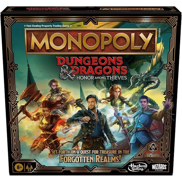 Adventure across a land of magic and monsters with the Monopoly Dungeons & Dragons: Honor Among Thieves game, inspired by the D&D movie! This immersive board game features key characters and locations from the film. Players can explore the Forgotten Realms as part of an intrepid adventuring party.