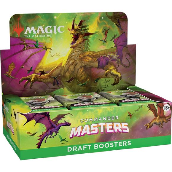 Play the greatest hits from Magic’s biggest format! This curated Masters selection is stacked with the finest reprints for unmatched multiplayer drafting. We’ve also got some surprises in store, with some packs containing special card treatments that will spice up your draft and wow the table.
The Commander Masters Draft Booster Box contains 24 Commander Masters Draft Boosters. Each Draft Booster contains 20 cards and 1 double-sided token, including 2–4 cards of rarity Rare or higher (3: 36%; 4: 3%), 5–7 Un