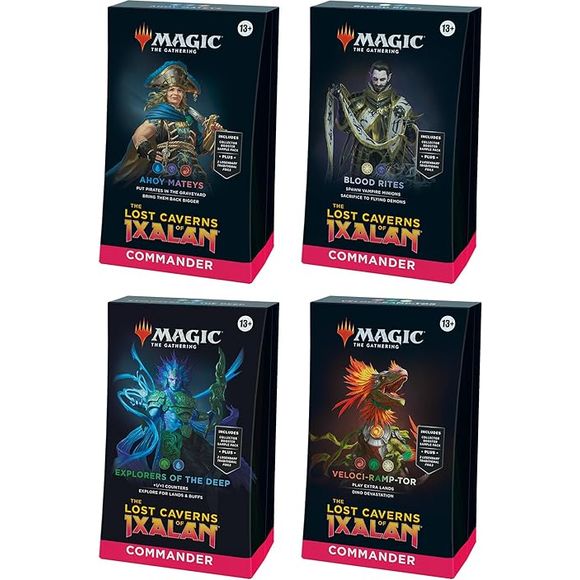 This bundle includes all 4 The Lost Caverns of Ixalan Commander Decks—Ahoy Mateys, Blood Rites, Explorers of the Deep, and Veloci-ramp-tor. Each deck set includes 1 ready-to-play deck of 100 Magic cards (2 Traditional Foil Legendary cards, 98 nonfoil cards), a 2-card Collector Booster Sample Pack (contains 2 alt-border cards, with 1 Traditional Foil or nonfoil card of rarity Rare or higher and 1 Traditional Foil Uncommon card), 1 foil-etched Display Commander (a thick cardstock copy of the commander card wi