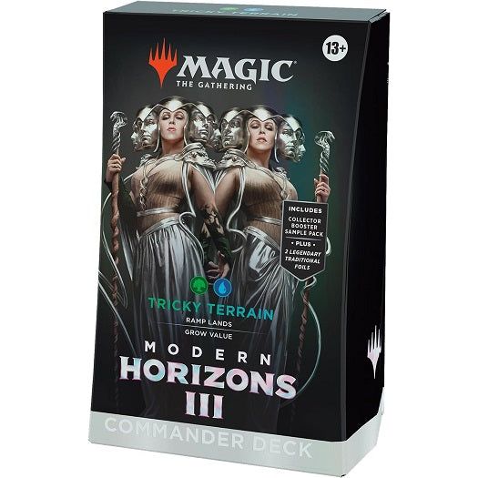 Join Omo, Queen of Vesuva, and maximize every Land you play for killer value with a Green-Blue deck that’s ready to play right out of the box. The Modern Horizons 3 Tricky Terrain Commander Deck includes 1 deck of 100 Magic cards (2 Traditional Foil Legendary cards, 98 nonfoil cards), a 2-card Collector Booster Sample Pack (contains 1 Traditional Foil or nonfoil alt-frame card of rarity Rare or higher and 1 Traditional Foil alt-frame Common or Uncommon card), 1 foil-etched Display Commander (a thick cardsto