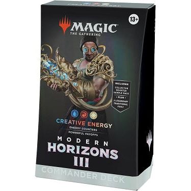 Join the eccentric architect and inventor, Satya, to charge forward and overpower the board with a Blue-Red-White deck that’s ready to play right out of the box. The Modern Horizons 3 Creative Energy Commander Deck includes 1 deck of 100 Magic cards (2 Traditional Foil Legendary cards, 98 nonfoil cards), a 2-card Collector Booster Sample Pack (contains 1 Traditional Foil or nonfoil alt-frame card of rarity Rare or higher and 1 Traditional Foil alt-frame Common or Uncommon card), 1 foil-etched Display Comman