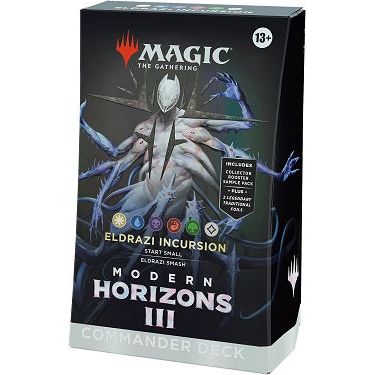 Offer yourself to the Ulalek and release a mind-melting horde of hungry Eldrazi to devour all in your path with a deck that’s ready to play right out of the box. The Modern Horizons 3 Eldrazi Incursion Commander Deck includes 1 deck of 100 Magic cards (2 Traditional Foil Legendary cards, 98 nonfoil cards), a 2-card Collector Booster Sample Pack (contains 1 Traditional Foil or nonfoil alt-frame card of rarity Rare or higher and 1 Traditional Foil alt-frame Common or Uncommon card), 1 foil-etched Display Comm