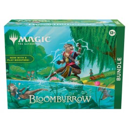 This Bloomburrow Bundle contains 9 Bloomburrow Play Boosters, plus 1 Traditional Foil card with Bundle-exclusive alternate-art, 15 Traditional Foil Full-Art Basic Land cards (including 5 foil Full-Art Lands), 15 nonfoil Full-Art Basic Land cards, 1 oversized Spindown life counter, 1 card storage box, and 2 reference cards. Each Play Booster contains 14 Magic: The Gathering cards and 1 Token/Ad card or Art card, with a combination of 1–4 cards of rarity Rare or higher and 3–5 Uncommon, 6–9 Common, and 1 Land