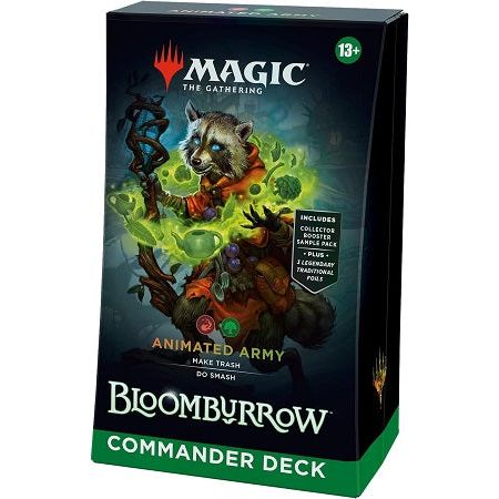 Battle your friends in epic multiplayer battles with a Red-Green deck that’s ready to play right out of the box. This Bloomburrow Animated Army Commander Deck includes 1 deck of 100 Magic cards (3 Traditional Foil cards, 97 nonfoil cards), a 2-card Collector Booster Sample Pack (contains 1 Traditional Foil or nonfoil alt-border card of rarity Rare or higher and 1 Traditional Foil Uncommon card), 10 double-sided tokens, 1 deck box (can hold 100 sleeved cards), 1 Life Wheel, 1 strategy insert, and 1 reference