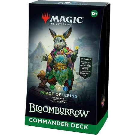 Battle your friends in epic multiplayer battles with a Green-White-Blue deck that’s ready to play right out of the box. This Bloomburrow Peace Offering Commander Deck includes 1 deck of 100 Magic cards (3 Traditional Foil cards, 97 nonfoil cards), a 2-card Collector Booster Sample Pack (contains 1 Traditional Foil or nonfoil alt-border card of rarity Rare or higher and 1 Traditional Foil Uncommon card), 10 double-sided tokens, 1 deck box (can hold 100 sleeved cards), 1 Life Wheel, 1 strategy insert, and 1 r