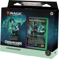 Cast fear into the hearts of your opponents with a Black-Green deck that’s ready to play right out of the box. This Duskmourn: House of Horror Death Toll Commander Deck includes 1 deck of 100 Magic cards (98 nonfoil cards and 2 Traditional Foil Borderless Legendary cards), 10 Archenemy cards, a 2-card Collector Booster Sample Pack (contains 1 Traditional Foil or nonfoil alt-border card of rarity Rare or higher and 1 Traditional Foil Uncommon card), 10 double-sided tokens, 1 deck box (can hold 100 sleeved ca