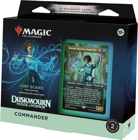 Cast fear into the hearts of your opponents with a Green-Blue deck that’s ready to play right out of the box. This Duskmourn: House of Horror Jump Scare! Commander Deck includes 1 deck of 100 Magic cards (98 nonfoil cards and 2 Traditional Foil Borderless Legendary cards), 10 Archenemy cards, a 2-card Collector Booster Sample Pack (contains 1 Traditional Foil or nonfoil alt-border card of rarity Rare or higher and 1 Traditional Foil Uncommon card), 10 double-sided tokens, 1 deck box (can hold 100 sleeved ca