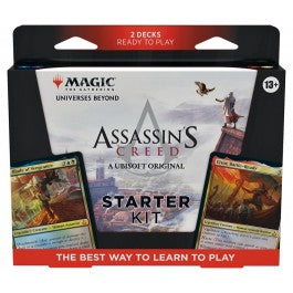 Infiltrate the world of Assassin’s Creed and begin your initiation into the Order. Gear up for your first games of Magic with two Assassin’s Creed-themed decks (featuring two Mythic Rare cards and eight Rare cards). Learn the ropes with the included booklet, then leap into action and claim victory! This Magic: The Gathering - Assassin’s Creed Starter Kit contains 2 ready-to-play 60-card decks (Lands included), 2 deck boxes to store them in, 1 Magic how-to-play guide booklet, and 2 double-sided reference car