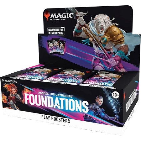 The best time for your community's first Magic game is now. Dive into Foundations, and experience quintessential Magic: The Gathering by playing with and collecting cards selected to give every player the advantage. Whether a past, present, or future Magic player, Foundations invite you to share your spark!
Play Boosters are the best way to discover all that Magic has to offer. Construct a deck out of your favorite color combinations, draft packs with friends, and open gorgeous Borderless cards—plus you can