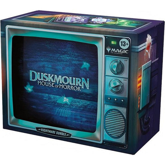 In Duskmourn: House of Horror, players will dare to enter this plane-enveloping House where their fears come to life. Evil manifests Nightmares and Glitch Ghosts and turns toys and shadows lethal. Players may even face the evil within themselves—but they will be rewarded for their bravery. Invite them to come play—it's their skin in the game.

With the Nightmare Bundle, the TV is always on the horror channel. It includes 6 Play Boosters, 2 Collector Boosters, plus 20 Full-Art Manor Lands in Traditional Foil