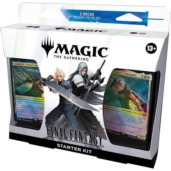 Learn to play Magic and collect FINAL FANTASY-themed cards with a kit full of everything you need to start playing. This Magic: The Gathering—FINAL FANTASY Starter Kit contains 2 ready-to-play 60-card decks, 2 deck boxes to store them in, 1 Magic play guide booklet, 4 double-sided tokens (2 with each deck), 2 double-sided reference cards to aid you as you play (Turn Order/Attacking & Blocking), and two Magic: The Gathering Arena code cards to unlock both decks for two people to play online. Account registra