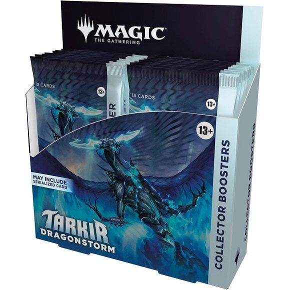 Release Date: 04/11/2025
Contains: 12 Tarkir: Dragonstorm Collector Booster Packs. Each Collector Booster contains 15 Magic: The Gathering cards
Each Collector booster may contain these cards: TDM 1–276, 287–419; TDC 1–10, 51-90; SPG 104–118
Each Collector Booster includes 9–11 Traditional Foil cards
5 cards of rarity Rare or higher
3–5 Uncommon
4–6 Common
1 Land card
Headliner card in <1% of boosters