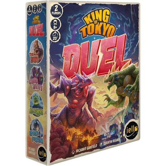 As night falls on Tokyo, two massive silhouettes rise from the smoke snaking up from destroyed skyscrapers. There can be only one who will be crowned King of Tokyo, either by annihilating their rival or by inspiring terror and awe from the crowds. King of Tokyo Duel is a two-player tug-of-war dice game in the King of Tokyo line. Choose your uniquely-powered monster and roll new dice to draw the fame and destruction tokens toward you...or smash your rival with new special power cards to become the ultimate K