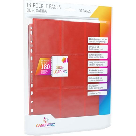 Secure protection for standard- and Japanese-sized cards. These collector pages in vibrant colors provide 18 side-loading pockets that will protect even double-sleeved cards perfectly. Due to the versatile 11-hole spine these pages fit in almost all standard-sized ring-binders. Available in bags of 10 pages and cardboard displays with 50 pages.