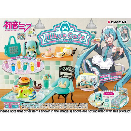 Miku Hatsune has opened her own cafe, and she's ready to serve you some delicious treats! The menu items and dishes all feature adorable images of Miku's "PiaPro" friends. There are eight different items to collecting trade, and you'll get one random. Order yours today!

[Lineup]:

Menu board
Table
Curry
Tea set
Pancake
Hamburger
Sweets set
Souvenir