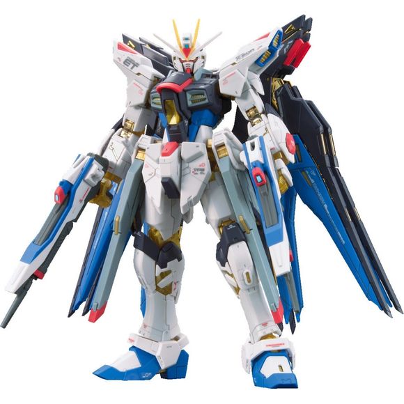 RG version of the Strike Freedom from Gundam Seed Destiny utilizing a modified gold colored advanced ms joint system . All armaments including beam rifles, rail guns, chest cannon, beam sabers, beam shield and deployable DRAGOON pods are included.