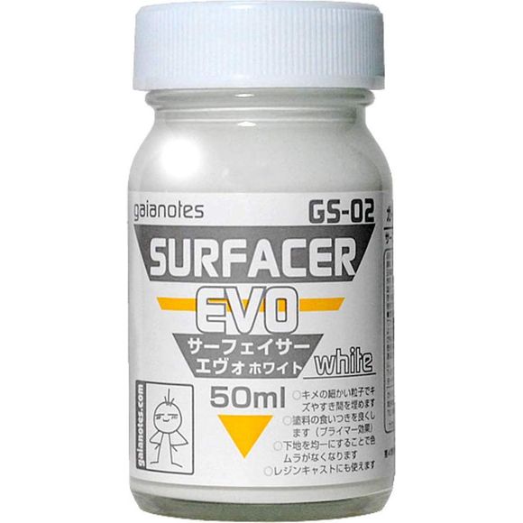 Surfacer / Primer for plastic model kits and resin garage kits.  Fill fine scratches and gaps with fine particles. Improves paint adhesion. Creates a uniform base for even finishes. Can be used with resin garage kits.

Before application, remove mold release, oil, dust, etc from your desired surface. Please mix well before use for best results.
Change your Gaia Notes Thinner depending on your application. T-01 Thinner, T-06 Brush Master (Self Levelling), or T-07 Moderate Thinner (reduced odor)

Volume: