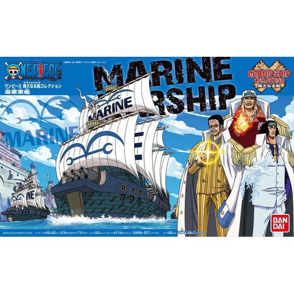 The Marines' ship joins a new series of 6" model ships from "One Piece". Features turrets that can move up and down. Its compact size makes it easy to display and requires no tools to assemble. Through the use of pre-colored plastic and stickers there's no need for paint. Includes a ocean surface effect part. Compatible with the action base 2.