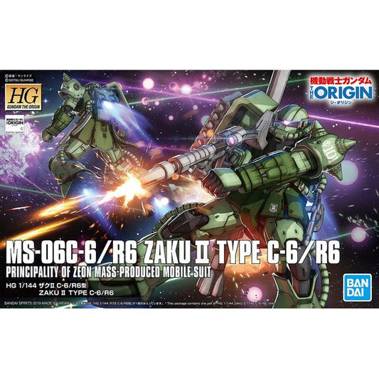 Bandai's newest HG kit is the Zaku II Type C6/R6 from "Mobile Suit Gundam The Origin"! The shape of the Zaku II C6 type's chest is altered from that of the regular C type and reinforced. It comes with markings so you can recreate the suit's appearance when piloted by Denim, Slender, Gene, or Pacheco. Fully posable after assembly, this kit is molded in color so paint isn't necessary, and stickers are included for its markings.

[Includes]:

Belt fed machine gun
Bazooka Type A2
Spare magazine for bazook