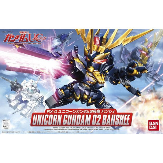 Super Deformed cute mini version of the fearsome Banshee from Gundam Unicorn.  Fully transformable between Unicorn mode and Destroy Mode, this model also replicates the bright gold orange iconic frame.  Weapons on either arm can also transform.   Runner x7, foil sticker x1, instruction manual x1.