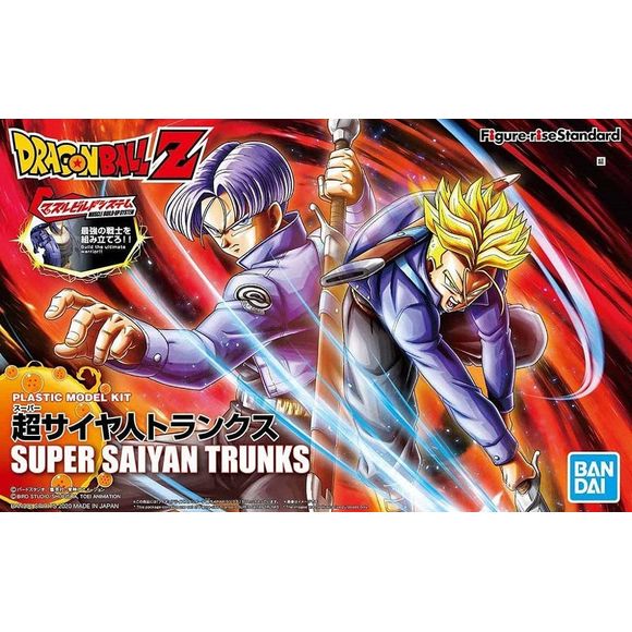 Super Saiyan Trunks is back with a new package design featuring new bold art just like in the anime/manga! This model kit comes with both Standard and Super Saiyan replacement parts! Recreate poses from the anime using the rich variety of hand parts! Trunks can also be displayed inside the Figure-rise Mechanics Trunk's Time Machine!