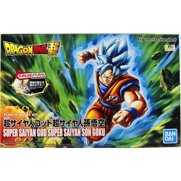 Super Saiyan God Super Saiyan Goku is joining the figure-rise line-up. Goku's raised hair and fierce eyes take on a blue hue, the same as his aura. Use the brand new muscle build-up system to showcase muscular power like never before!  The eyes are made from 2 parts of different colors for added depth and realism. Comes with stickers for details such as the shoes and tongue.  Includes 3 types of hands (clenched fist, instant transmission pose, and open hands), 2 different facial expressions (normal and shou