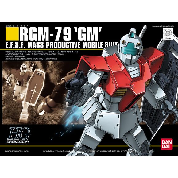 A 1/144 model of the GM from the original Mobile Suit Gundam. Comes with Beam Spray Gun, beam saber, and shield.  Assembly required.