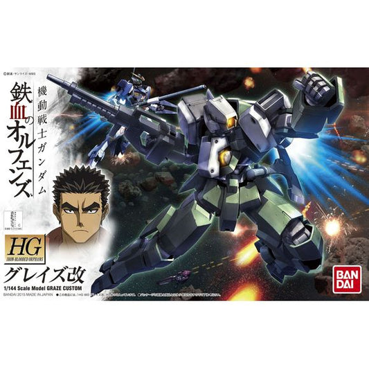 Part of the series Gundam Iron-Blooded Orphans, the Graze Kai is an upgraded Graze mass production unit used by the Earth organization Gjallarhorn. Comes equipped with rifle and battle axe that can be stored on attachments points on its body.