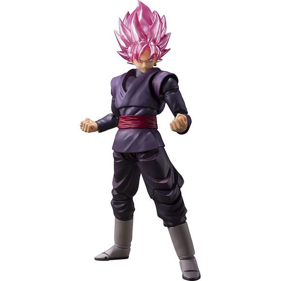 Goku Black Super Saiyan Rose, as seen in Dragon Ball Super, joins S.H.Figuarts!
Colored pink to evoke his ki-energized appearance, it's also articulated naturally so as to capture his trademark Kamehameha pose! Stands approximately 5.5" tall. 
Set Contents: Main body, Two left and three right optional hands, Three optional expression parts