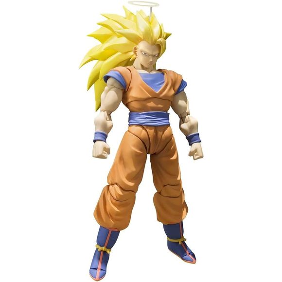 Five years after being offered as a web exclusive, Super Saiyan 3 Son Goku joins S.H.Figurarts with an all new sculpt and tons of new features! It looks great when displayed with the Tamashii EFFECT Energy Aura Yellow Ver. (sold separately). The highly posable 155mm figure includes five pairs of optional hands, three optional expressions, and a custom stand. 6.10 inches (15.5cm) tall.