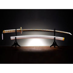 From the global hit anime and manga Demon Slayer: Kimetsu no Yaiba, Agatsuma Zenitsu's Nichirin Sword joins the Proplica series of 1/1 scale lifelike re-creations of props! Measuring around 34.7 inches in length, this life size collectible is the first Proplica to include a scabbard, and features sensors that replicates Zenitsu's dramatic sword-drawing and sword-stowing sounds, plays back famous lines, sound effects, and music from the series—a total of more than 60 sounds samples in all!