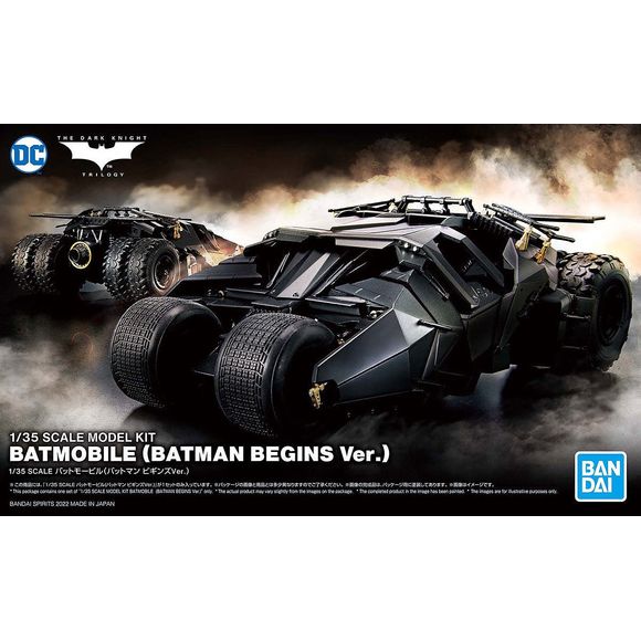 The Batmobile as seen in 2005's "Batman Begins" is now available in model-kit form from Bandai in special specifications! This 1/35-scale kit offers precise and high-quality reproduction; the exterior is now made of a matte material to express the profound texture of the vehicle, and the cockpit shield is now smoke gray. Soft resin is used for the tires to realistically reproduce the grid pattern. Admire the precisely reproduced mechanical details of the front and rear wheel suspensions, cylinders, and engi