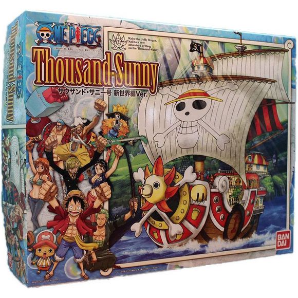 Set sail for adventure with this fine non-scale kit of the New World version of the Thousand Sunny!  This snap-fit kit is molded in color and includes stickers for decoration. Unpainted figures of her Mugiwara Pirates crew are included to add to the fun!