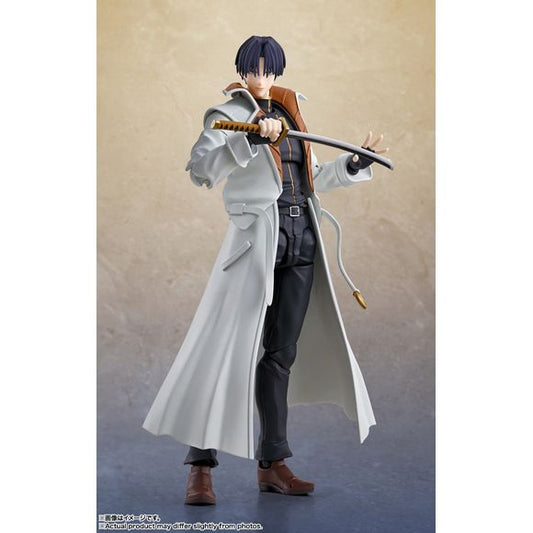 Shinomori Aoshi from the TV anime "Rurouni Kenshin -Meiji Swordsman Romantic Story-" joins the "S.H.Figuarts" action-figure series from Bandai! This figure was made under the supervision of original author Nobuhiro Watsuki! A wide variety of interchangeable parts are included for various poses; combined with the outstanding articulation of the S.H.Figuarts lineup, you'll be able to recreate all your favorite poses and scenes from the show.