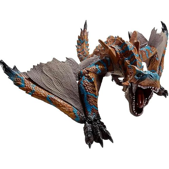 At long last, the magnificent Tigrex from "Monster Hunter" joins the "S.H.MonsterArts" action-figure lineup from Bandai! His neck, body, tail and shoulders have an incredible range of motion to make his distinctive poses possible; parts replacement makes it possible for him to be displayed with his wings folded! His angry state can also be reproduced with parts replacement! An unpainted miniature figure of a hunter is also included, to relive scenes from any of the "Monster Hunter" games. Order this beautif