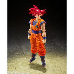 Super Saiyan God Son Goku from "Dragon Ball Super" joins the "S.H.Figuarts" action-figure lineup from Bandai! His coloring is based on his appearance when he's covered in a glowing red aura; pearlized coloring is used for his head. This supremely posable figure has a total of four interchangeable faces (standard, screaming, clenched teeth, and smirking), and interchangeable hands. Order this incredible figure for your own collection today!

[Figure Size]: Approximately 14cm tall (5.5 inches)
[Materials]: PV