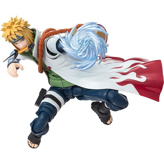 Minato Namikaze won the coveted first-place position in the worldwide popularity poll project "NARUTOP99," and now he's become an "S.H.Figuarts" action figure from Bandai! In addition to optional parts that allow you to recreate the illustrations drawn by Masashi Kishimoto for the poll, four interchangeable faces and kunai are included as well! The Hokage cloak is made of soft material so it won't interfere with posing, and its windblown shape lends itself to dynamic movement! Order this unforgettable chara