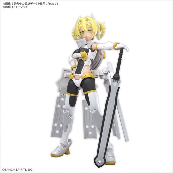 Bandai's "30MS (30 Minutes Sisters)" lineup gets a new sister -- say hello to Yufia! This set includes parts to build her body, three interchangeable faces with tampo printing (a normal expression, a smile, and a screaming face), and armor parts. Teeth parts are included, and can be installed if you like! Her waist armor is movable on multiple axes, and has a new structure that allows her to be displayed in a natural kneeling pose. Her shield and hammer can be attached to her back; her hairstyle has a delic