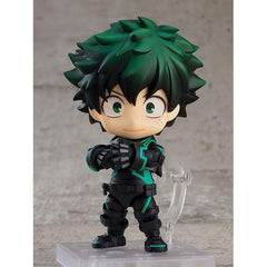 From the anime movie My Hero Academia The Movie: World Heroes' Mission comes a Nendoroid of Izuku Midoriya in his costume original to the movie!

His stealth suit has been faithfully recreated in Nendoroid form. He comes with 3 face plates including: a smiling expression, a combat expression, and a different smiling expression with closed eyes.

Effect parts for recreating his One For All Quirk are included along with a "SMASH!!" text plate, allowing you to create all kinds of action-packed poses.