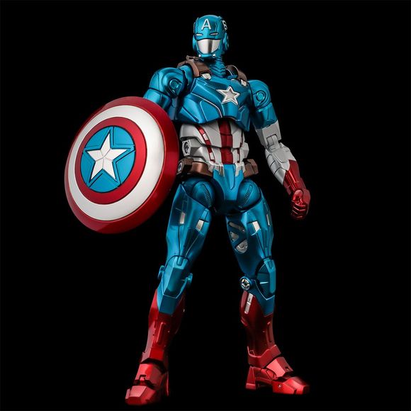 Sentinel brings Marvel fans a series that re-imagines The Avengers if they wore armor designed by Tony Stark! Designed by Mitsunari Daitenfu with Hiroyuki Komatsubara in charge of prototype production and direction, this Captain America figure was molded, sculpted, and painted with the human body in mind. His iconic shield can be attached to the back or held in his hands, posed on the included figure stand for action scenes.