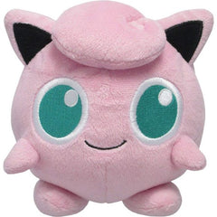 Jiggly puff is a round, pink ball with pointed ears and large, blue eyes. It has rubbery, balloon-like skin and small, stubby arms and somewhat long feet. On top of its head is a curled tuft of fur. As seen in Pokémon Stadium, it is filled with air, as a defeated Jiggly puff, deflates until it is flat. By drawing extra air into its body, it is able to float as demonstrated in Super Smash Bros.  Approx. Size: 4.5"L x 3"W x 5"H.